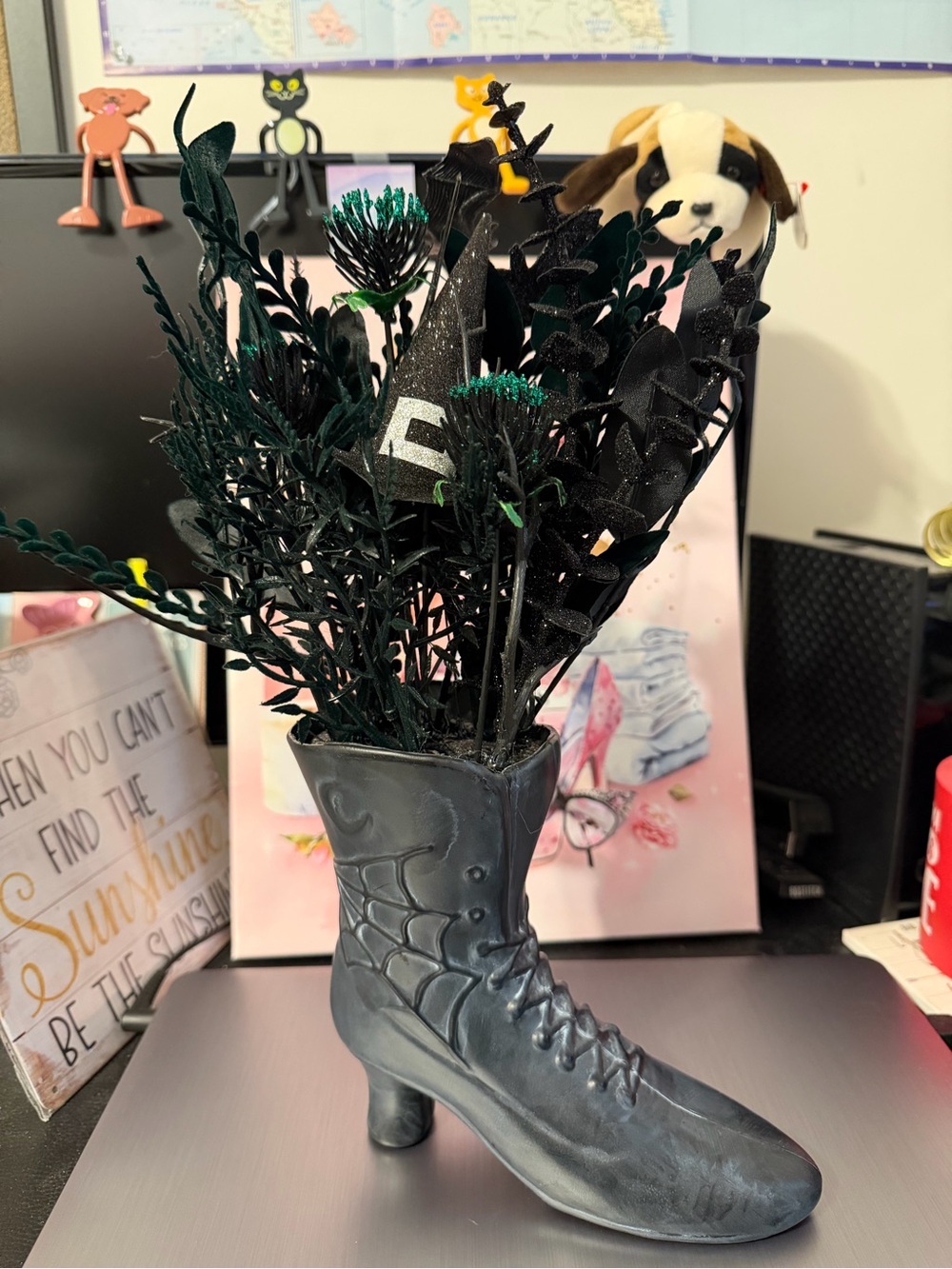 Halloween Witches Black Gothic Boot Vase with Black Floral Spray